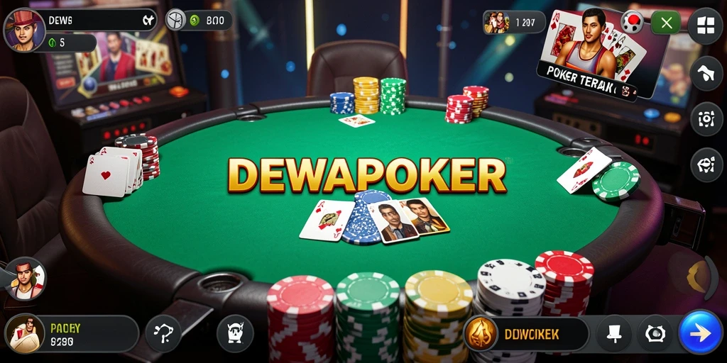 Screenshot utama DEWAPOKER menunjukkan gameplay poker yang sangat interaktif.
