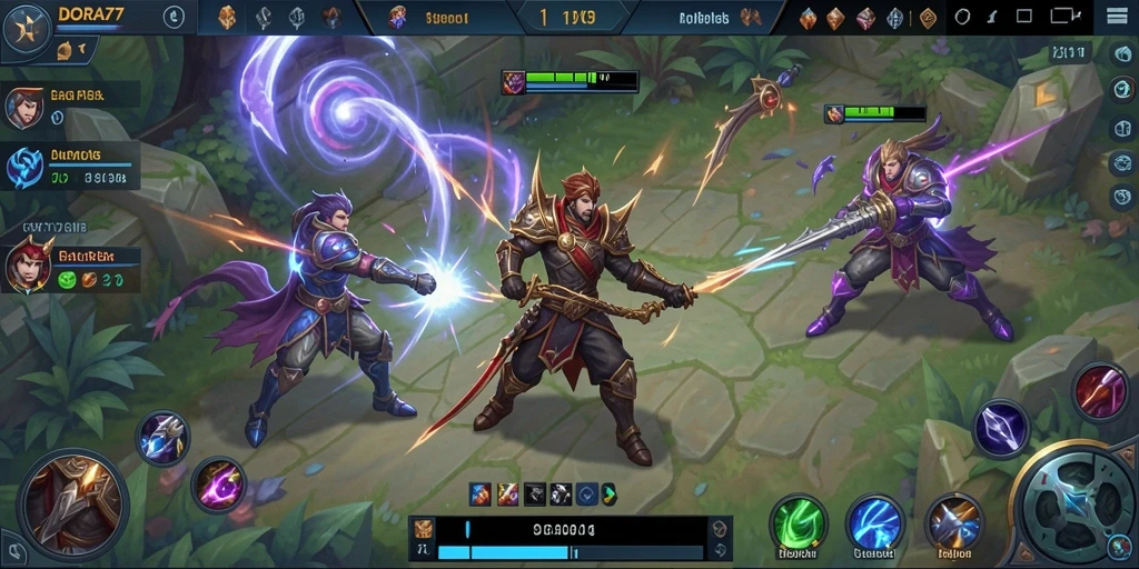 Screenshot menunjukkan pertarungan seru dalam game MOBA DORA77.