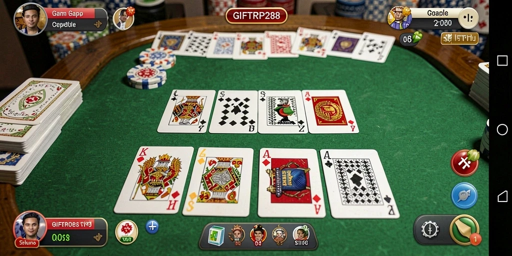 Screenshot gameplay seru dari GIFTRP288 menunjukkan pertarungan kartu kompetitif.