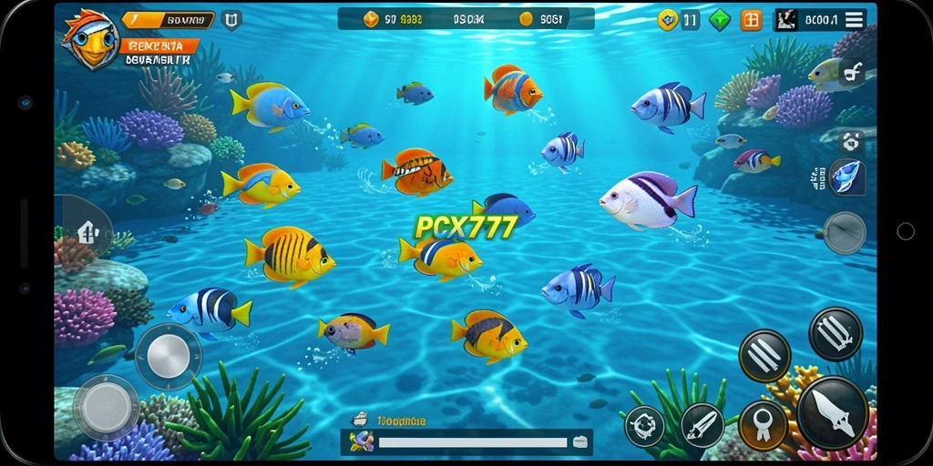 Screenshot gameplay menarik dari PCX777 dengan aksi tembak ikan.